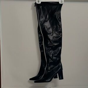 Black Over-the-Knee Pointed Toe Boots with Contrast Side Zip